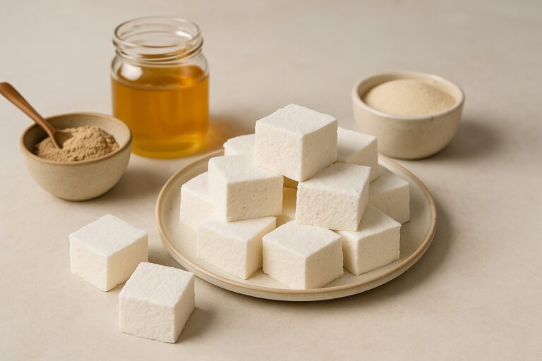 Homemade gut-friendly marshmallows on a plate, surrounded by marshmallow root powder, grass-fed gelatin, and a jar of honey on a neutral background.
