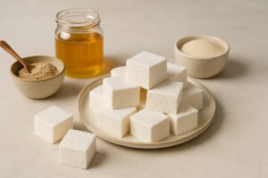 Homemade gut-friendly marshmallows on a plate, surrounded by marshmallow root powder, grass-fed gelatin, and a jar of honey on a neutral background.